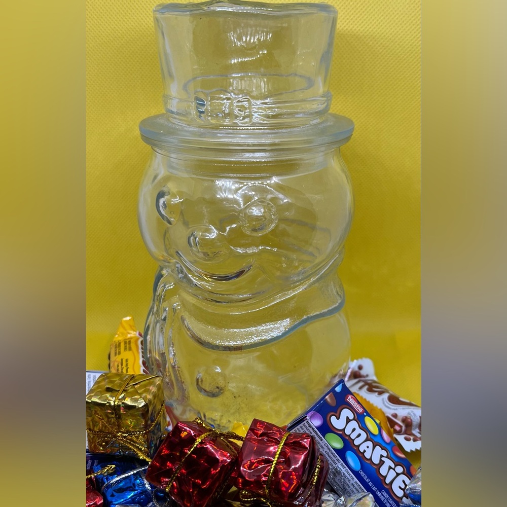 Vintage Libby Clear Glass Snowman Jar with Lid/Canadian Snacks